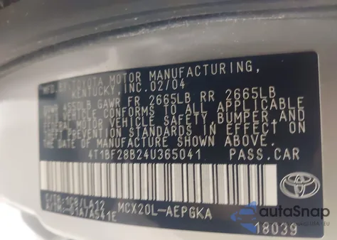 2004 Toyota Avalon Xls z USA, uszkodzony, nr VIN 4T1BF28B24U365041